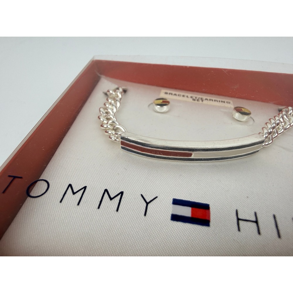 Tommy Hilfiger Silver Tone Bracelet and Earring Set Flag Logo B60343 NEW -B3 - Picture 3 of 6